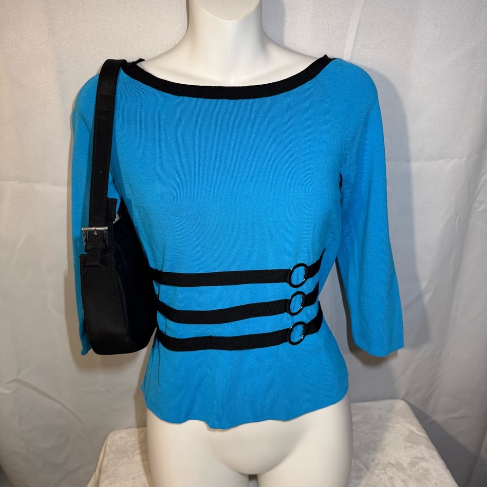 Pointelle Y2K Blue Black O-Ring Belted Ribbed Knit Top 3/4 Sleeve S